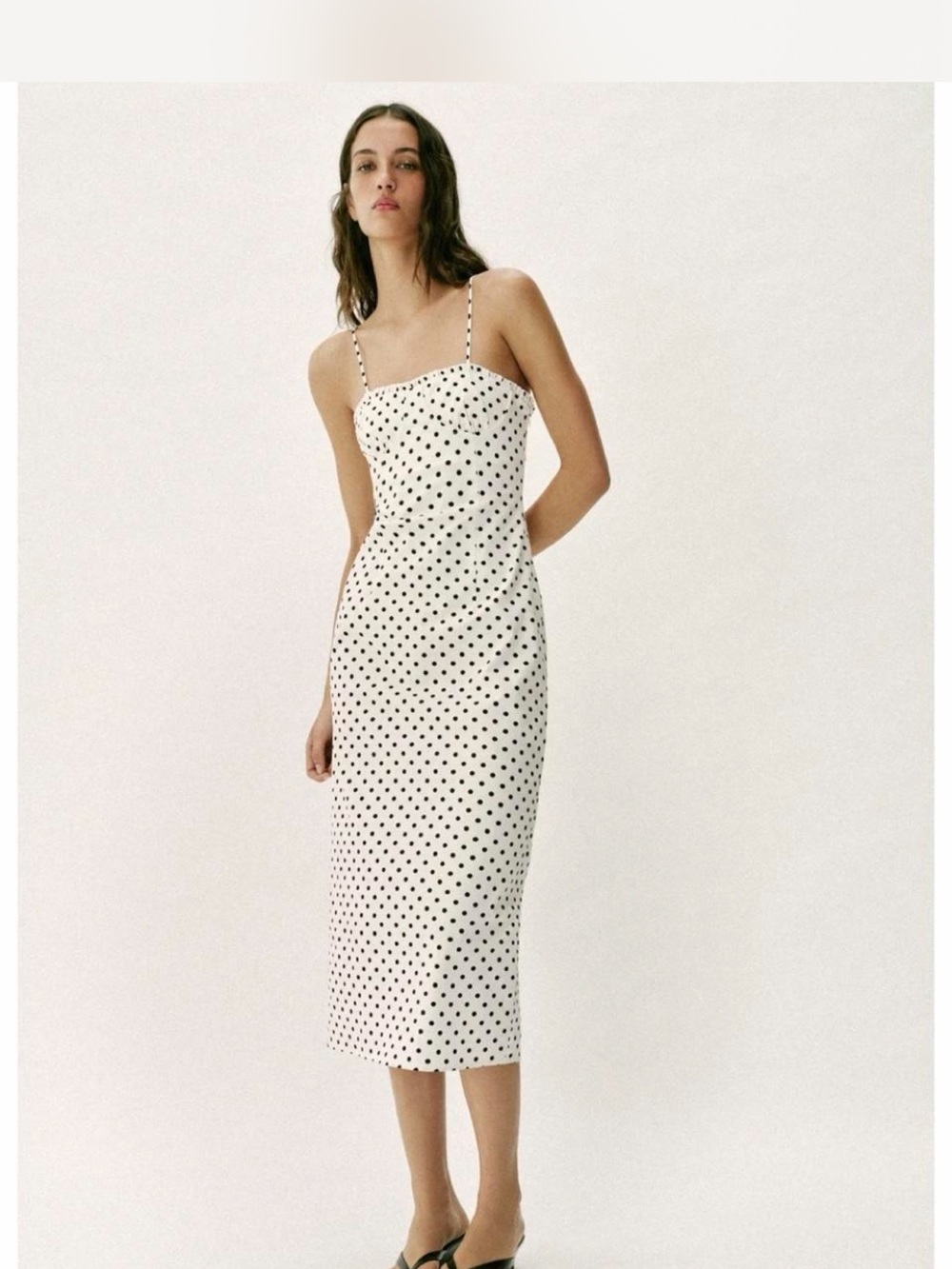 Zara White Midi Slip Dress with Black Polka Dots